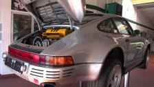 Ruf CTR Yellowbird in silver with engine in detail at Ruf headquarters